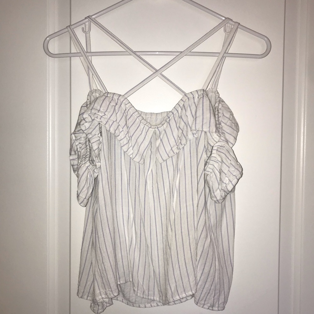 Blue Striped Off the Shoulder Shirt